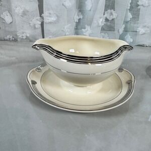 Vtg Taylor Smith Taylor Premier Platinum Rings Gravy Sauce Boat Attached Plate